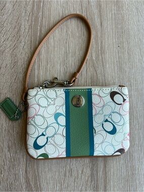 Coach Multicolor Signature Stripe Wristlet with Tan Strap
